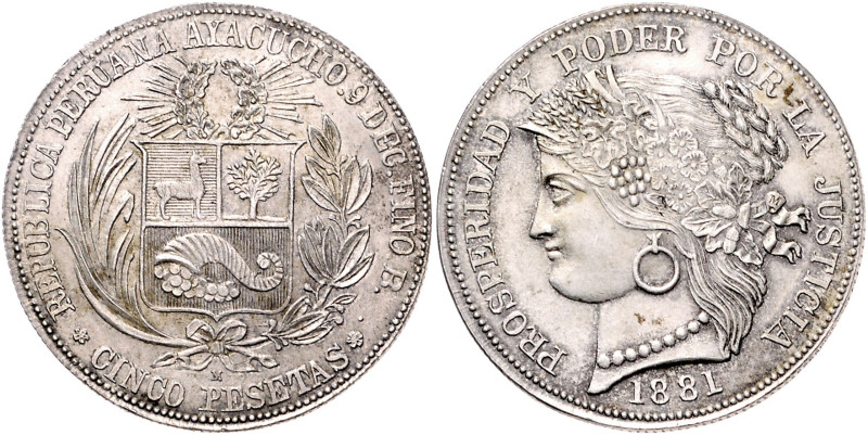 PERU, Republik, seit 1821, 5 Pesetas 1881 B, Ayacucho. 24,83g. Erworben 07/06/89...