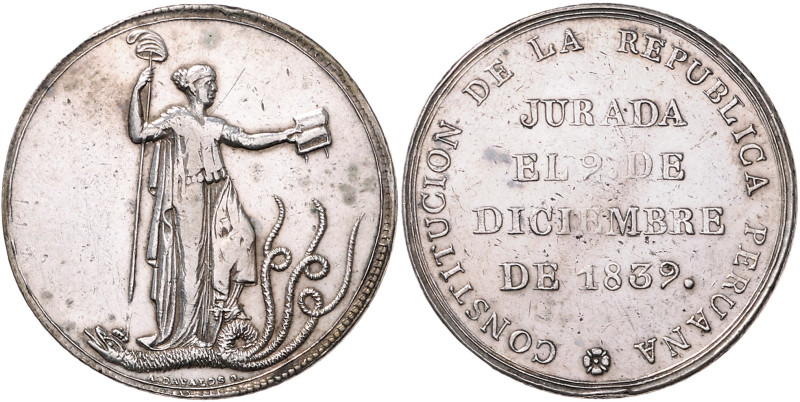 PERU, Republik, seit 1821, Silbermed. 1839 von A.Davalos a.d. Beschwörung der ne...