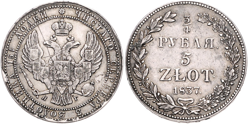 POLEN, Nikolaus I. von Russland, 1825-1855, 5 Zlotych 1837 HG. 15,05g.
Vs.Kr., ...