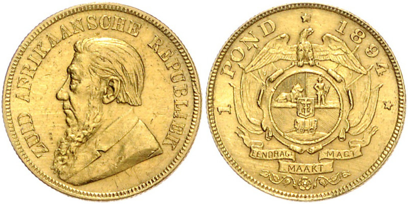 SÜDAFRIKA, Zuid Afrikaansche Republiek, 1852-1910, Krueger Pound 1894. 7,82g.
W...