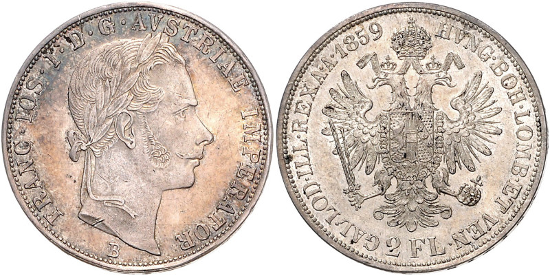 HAUS HABSBURG, Franz Joseph I., 1848-1916, Doppelgulden 1859 B, Kremnitz.
f.st...