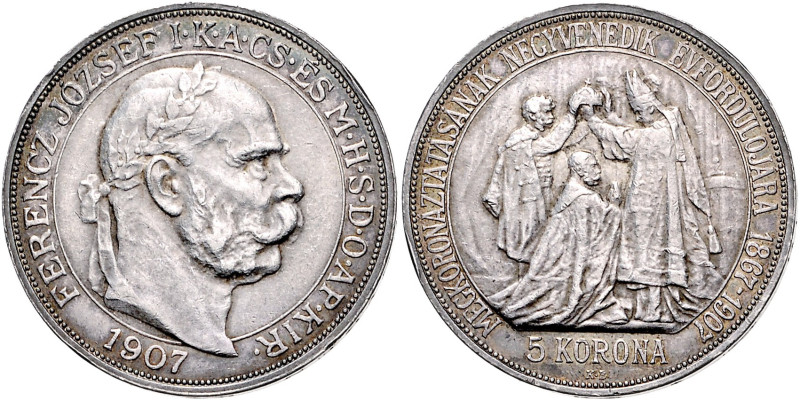 HAUS HABSBURG, Franz Joseph I., 1848-1916, 5 Kronen 1907 KB, Kremnitz. 40jähr. K...