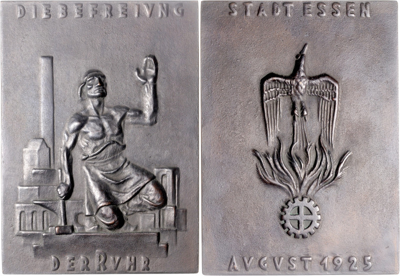 ESSEN, STADT, Bronzegussplakette 1925 von Holub a.d. Befreiung der Ruhr. Kniende...