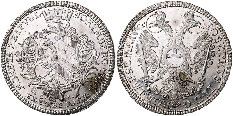 NÜRNBERG, STADT, 1/2 Konventionstaler 1766. Mit Titel Josephs II. Bekrön. Stadtw...