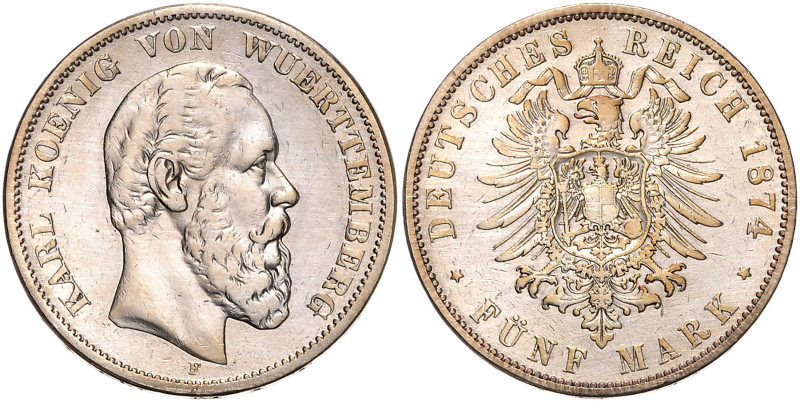 WÜRTTEMBERG, Karl, 1864-1891, 5 Mark 1874 F.
ss/vz
J.173