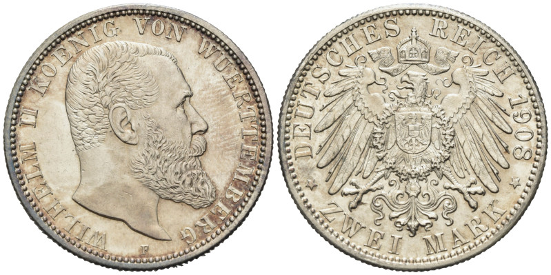 WÜRTTEMBERG, Wilhelm II., 1891-1918, 2 Mark 1908 F.
st
J.174