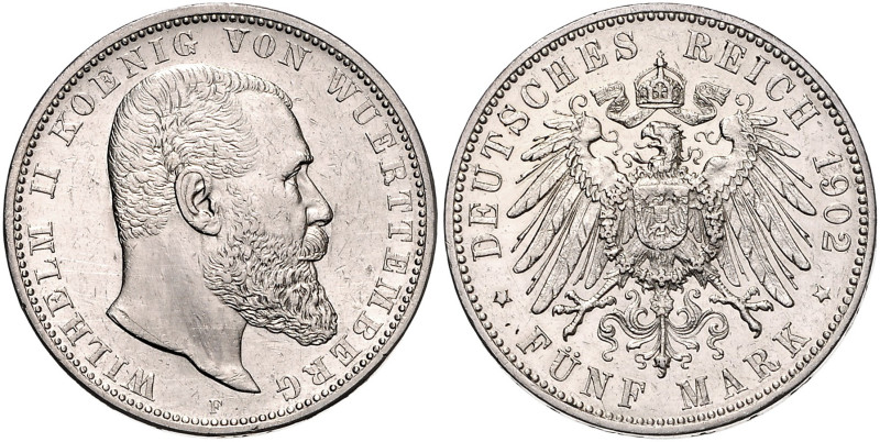 WÜRTTEMBERG, Wilhelm II., 1891-1918, 5 Mark 1902 F.
vz/st
J.176