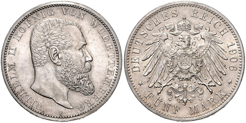 WÜRTTEMBERG, Wilhelm II., 1891-1918, 5 Mark 1906 F.
vz/st, seltenes Jahr
J.176...