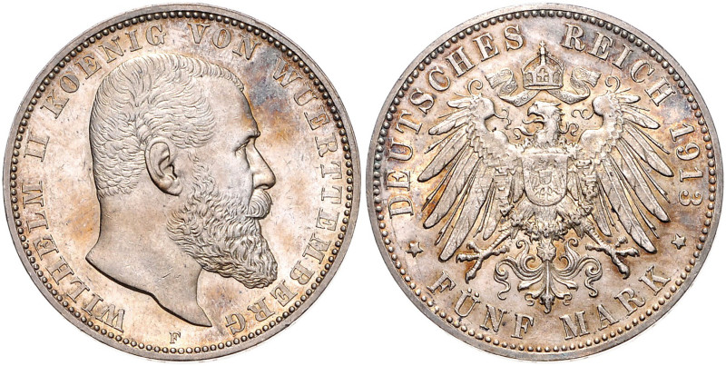 WÜRTTEMBERG, Wilhelm II., 1891-1918, 5 Mark 1913 F.
f.st
J.176