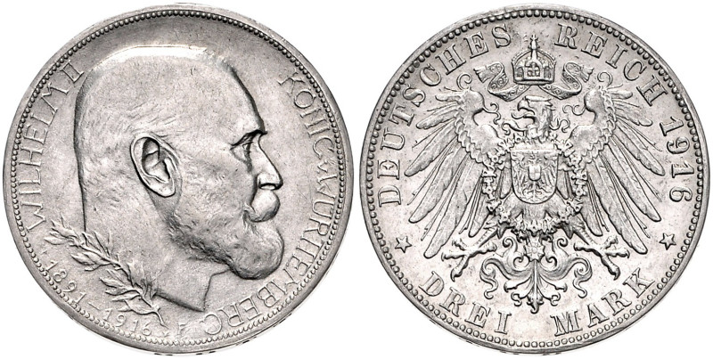 WÜRTTEMBERG, Wilhelm II., 1891-1918, 3 Mark 1916 F. 25jähr. Reg.-Jub.
f.st/st
...