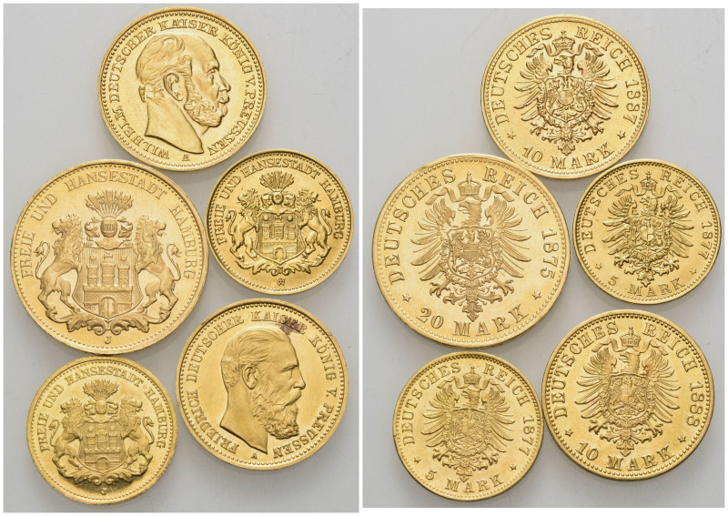 HAMBURG, Freie und Hansestadt, Lot 5 Goldmünzen Juweliersnachprägungen. 20 Mark ...