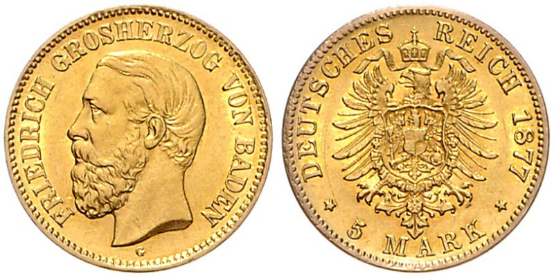 BADEN, Friedrich I., 1852-1907, 5 Mark 1877 G.
st
J.185