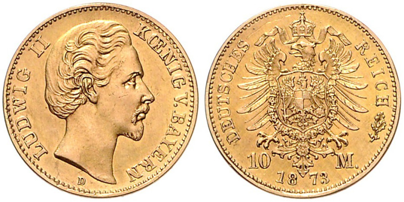 BAYERN, Ludwig II., 1864-1886, 10 Mark 1873 D.
Erstabschlag/st
J.193