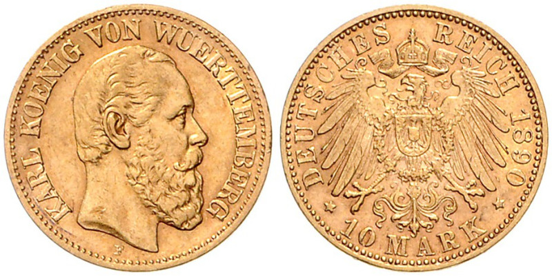 WÜRTTEMBERG, Karl, 1864-1891, 10 Mark 1890 F.
st
J.294