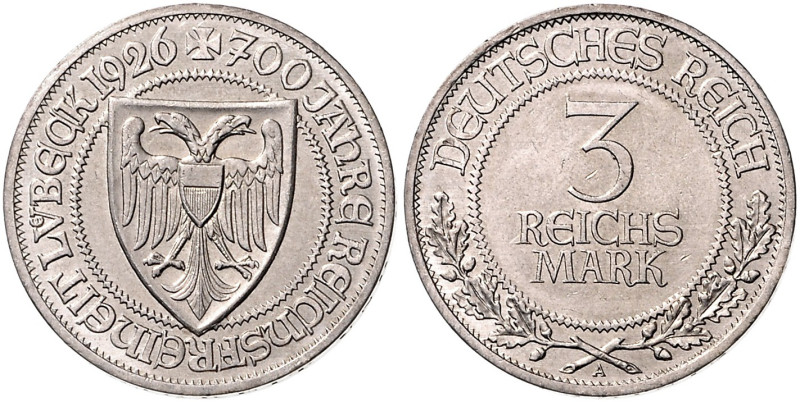 WEIMARER REPUBLIK, 1919-1933, 3 Reichsmark 1926 A. Lübeck.
st
J.323