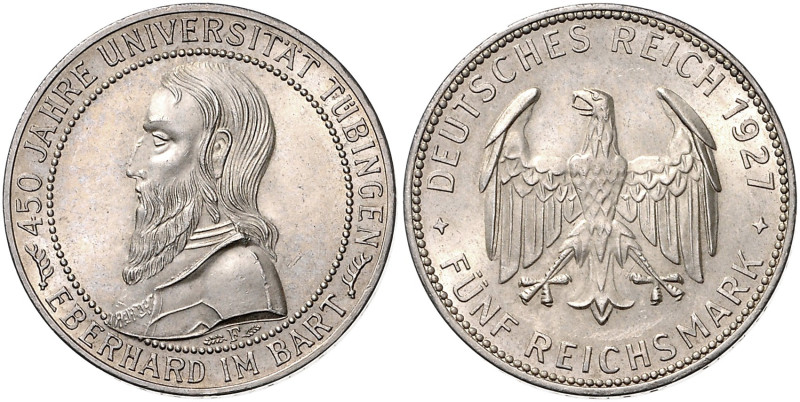 WEIMARER REPUBLIK, 1919-1933, 5 Reichsmark 1927 F. Tübingen.
st
J.329