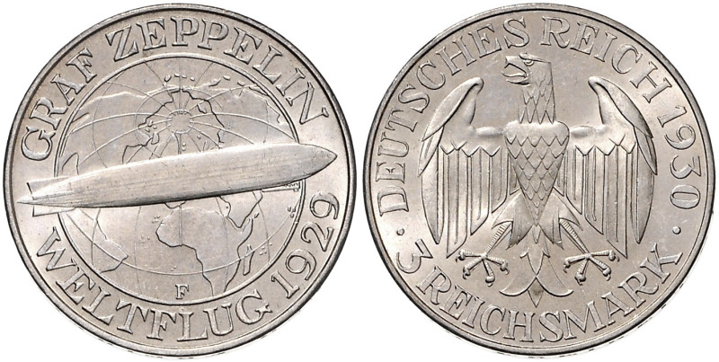 WEIMARER REPUBLIK, 1919-1933, 3 Reichsmark 1930 F. Zeppelin.
st
J.342