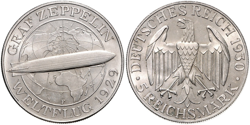 WEIMARER REPUBLIK, 1919-1933, 5 Reichsmark 1930 F. Zeppelin.
st
J.343