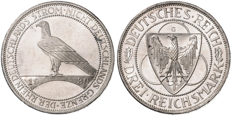 WEIMARER REPUBLIK, 1919-1933, 3 Reichsmark 1930 G. Rheinlandräumung.
st
J.345