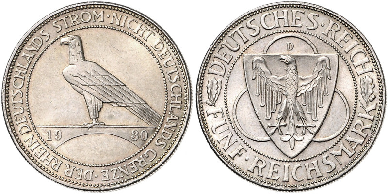 WEIMARER REPUBLIK, 1919-1933, 5 Reichsmark 1930 D. Rheinlandräumung.
st
J.346