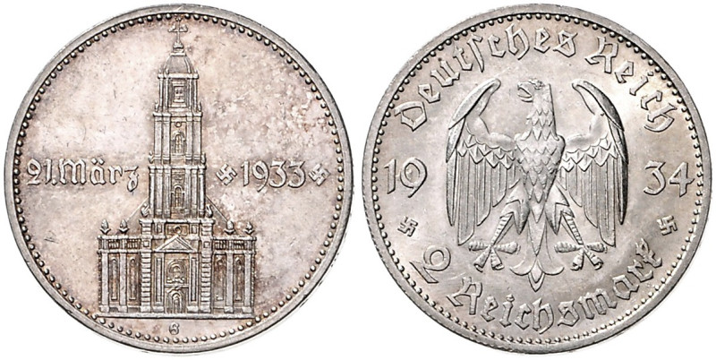 DRITTES REICH, 1933-1945, 2 Reichsmark 1934 G. Garnisonkirche mit Datum.
kl.Kr....