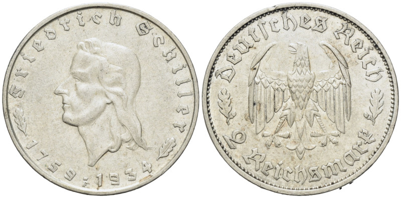 DRITTES REICH, 1933-1945, 2 Reichsmark 1934 F. Schiller.
kl.Rdf., ss/vz
J.358