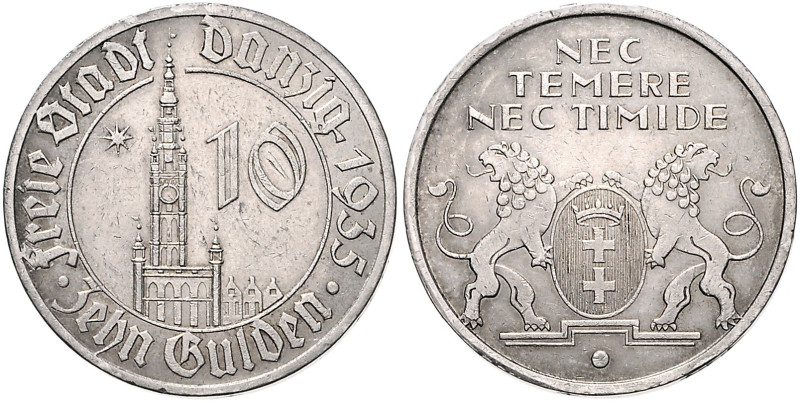 DANZIG, Freie Stadt, 1920-1939, 10 Gulden 1935. Rathaus.
kl.Kr., kl.Rdf., ss
J...