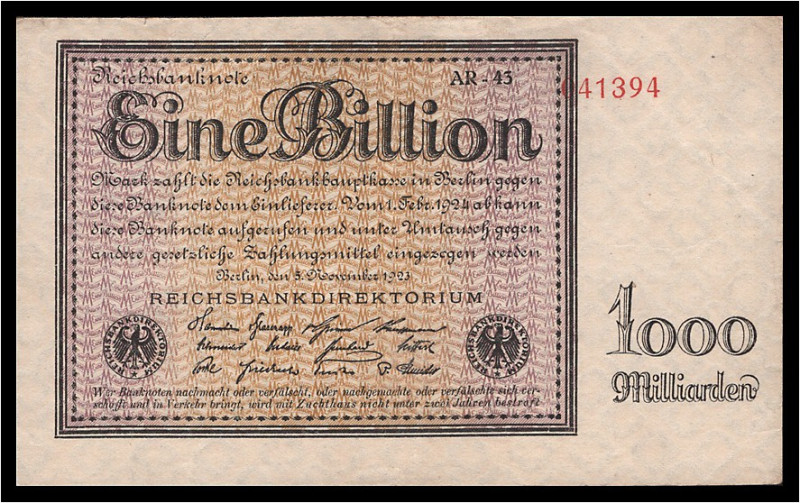 VARIA, Geldscheine der Inflation, 1919-1924. 1 Billion Mark 05.11.1923, Firmendr...