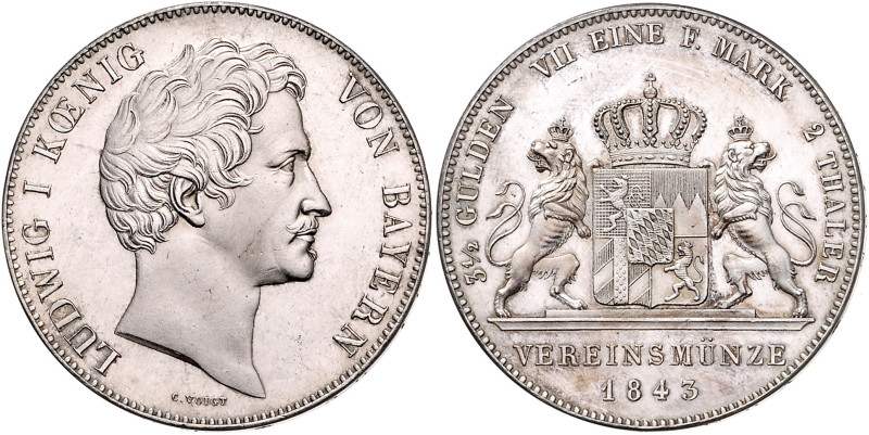 BAYERN, Ludwig I., 1825-1848, Doppeltaler 1843.
Erstabschlag
AKS 74; T.74; Dav...