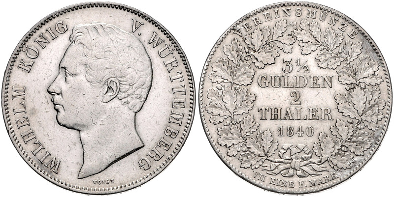 WÜRTTEMBERG, Wilhelm I., 1816-1864, Doppeltaler 1840.
ss/vz
AKS 62; T.436; Dav...