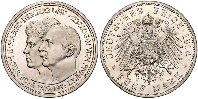 ANHALT, Friedrich II., 1904-1918, 5 Mark 1914 A. Silberhochzeit.
st
J.25