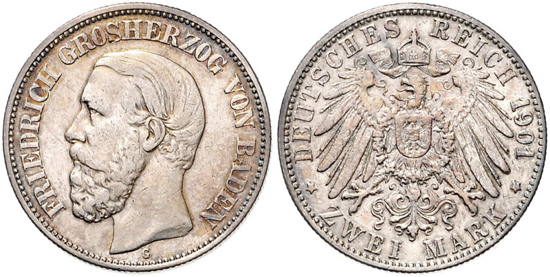 BADEN, Friedrich I., 1856-1907, 2 Mark 1901 G.
ss/vz
J.28