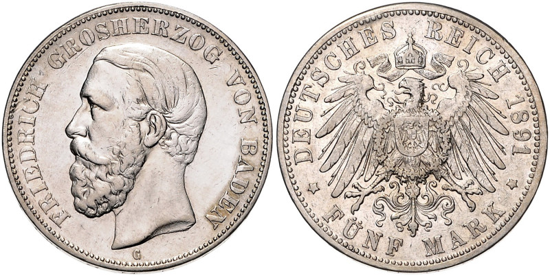 BADEN, Friedrich I., 1856-1907, 5 Mark 1891 G. Ohne Querstrich im A.
ss/vz
J.2...