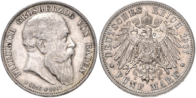 BADEN, Friedrich I., 1856-1907, 5 Mark 1907 G. Sein Tod.
kl.Kr., ss/ss+
J.37