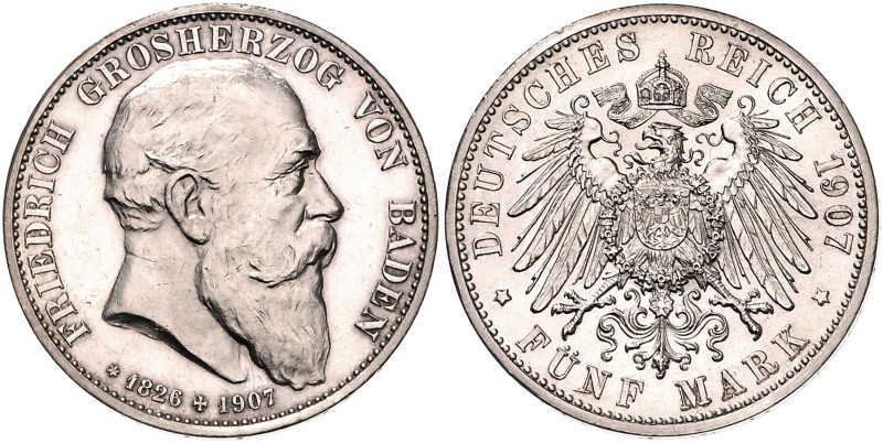 BADEN, Friedrich I., 1856-1907, 5 Mark 1907 G. Sein Tod.
st
J.37