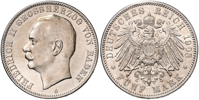 BADEN, Friedrich II., 1907-1918, 5 Mark 1908 G.
vz+
J.40