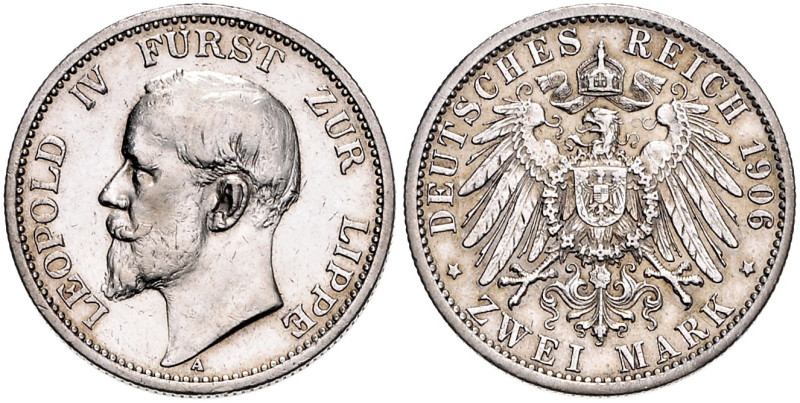 LIPPE, Leopold IV., 1904-1918, 2 Mark 1906 A.
vz+
J.78