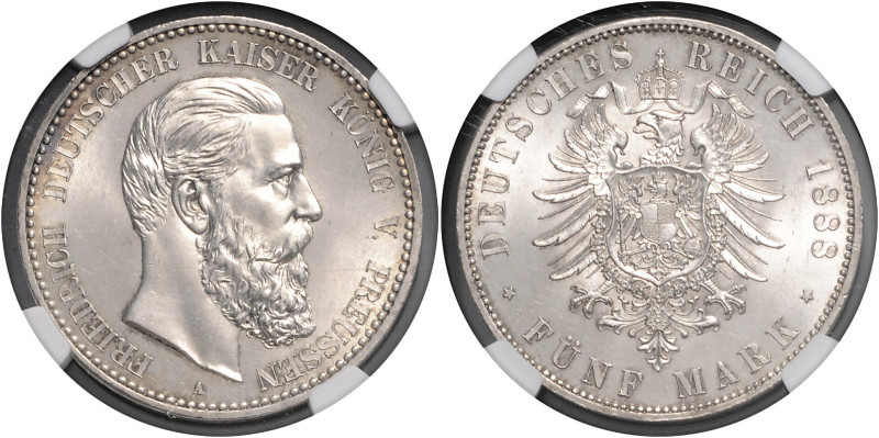 PREUSSEN, Friedrich III., 1888, 5 Mark 1888 A.
NGC MS-63
J.99