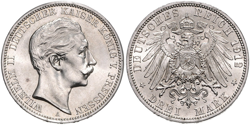 PREUSSEN, Wilhelm II., 1888-1918, 3 Mark 1912 A.
st, Prachtex.
J.103