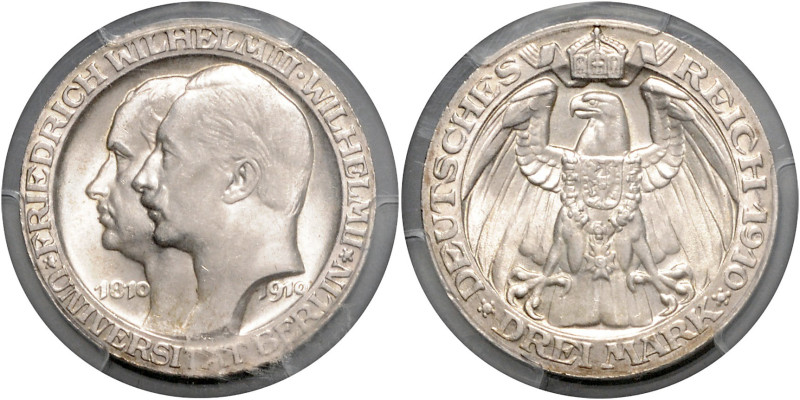 PREUSSEN, Wilhelm II., 1888-1918, 3 Mark 1910 A. Universität Berlin.
PCGS MS-64...