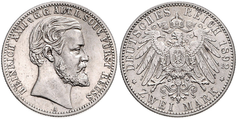 REUSS, ÄLTERE LINIE, Heinrich XXII., 1859-1902, 2 Mark 1892 A.
ss/vz
J.117