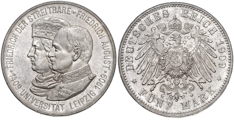 SACHSEN, Friedrich August III., 1904-1918, 5 Mark 1909. Universität Leipzig.
PP...