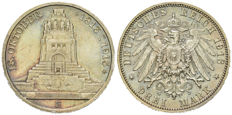 SACHSEN, Friedrich August III., 1904-1918, 3 Mark 1913 E. Völkerschlachtdenkmal....