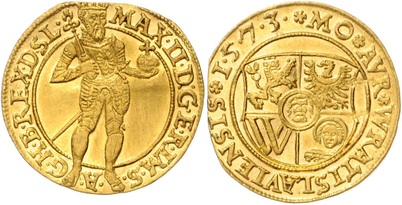 MAXIMILIAN II (1564 - 1576)&nbsp;
1 Ducat, 1573, Vratislav - město, 3,45g, Fr 4...