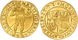 MAXIMILIAN II (1564 - 1576)&nbsp;
1 Ducat, 1573, Vratislav - město, 3,45g, Fr 447&nbsp;

about UNC | about UNC , mírně zvlněný, zkouška kovu na hra...