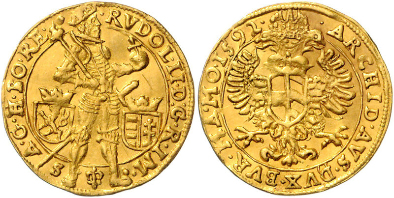RUDOLF II (1576 - 1612)&nbsp;
1 Ducat, 1592, Praha, 3,47g, Hal 298&nbsp;

EF ...