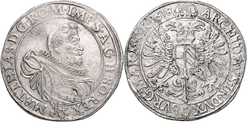 MATTHIAS II (1608 - 1619)&nbsp;
1 Thaler, 1618, Praha, Hübmer, 28,41g, Hal 502&...