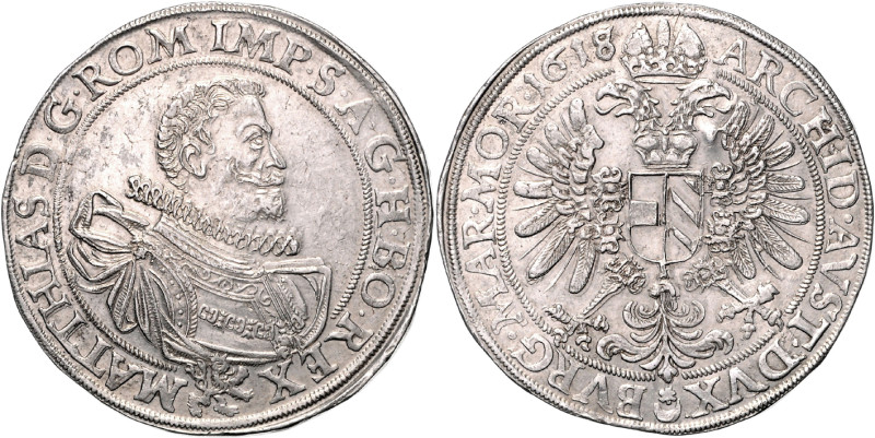 MATTHIAS II (1608 - 1619)&nbsp;
1 Thaler, letopočet přeražen z 1617 na 1618, Pr...