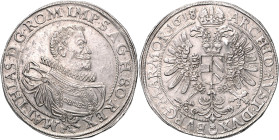 MATTHIAS II (1608 - 1619)&nbsp;
1 Thaler, letopočet přeražen z 1617 na 1618, Praha, Hübmer, 29,03g, Hal 505&nbsp;

EF | EF