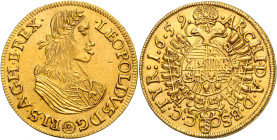 LEOPOLD I (1657 - 1705)&nbsp;
5 Ducats, 1659, Wien, 17,26g, Her 84&nbsp;

about EF | EF